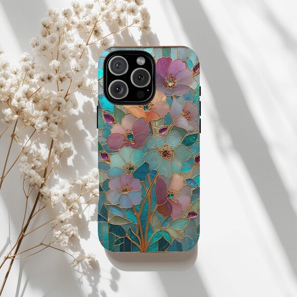 Floral Stained Glass Luxe IPhone 16,15,14,13 (Pro Max,Pro,Plus) Phone Case - Picture 1 of 14